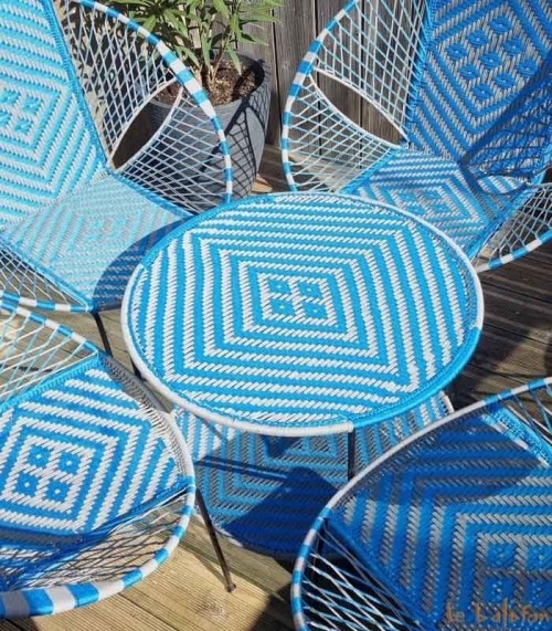 Salon d'extérieur en fil de pêche bleu ciel et gris perle