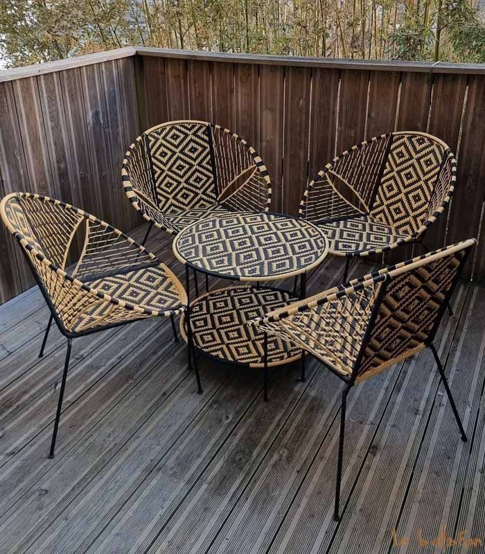 Salon de jardin en fil de pêche noir et beige