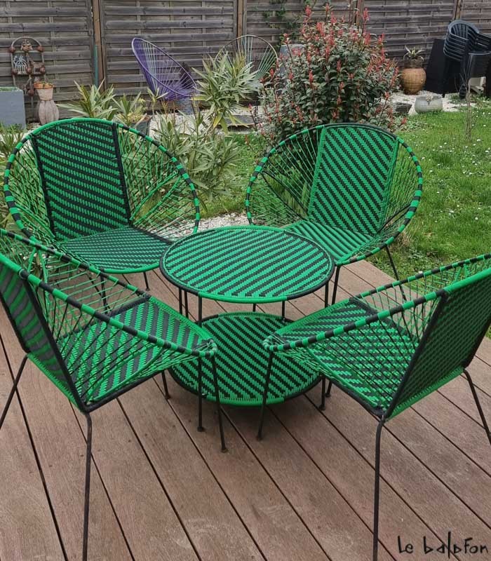 Salon d'extérieur en fil de pêche noir et vert motif rayures - 4